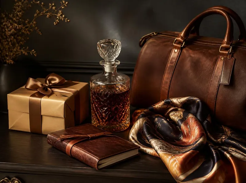 A ribboned gift box, leather journal, crystal decanter, silk scarf and leather weekender bag on a dark console